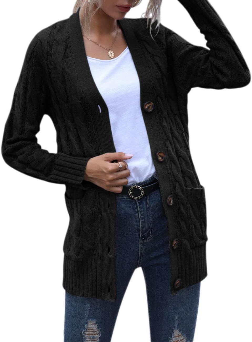 Women'S 2025 Fall Long Sleeve Cable Knit Sweater Open Front Cardigan Button Loose Outerwear